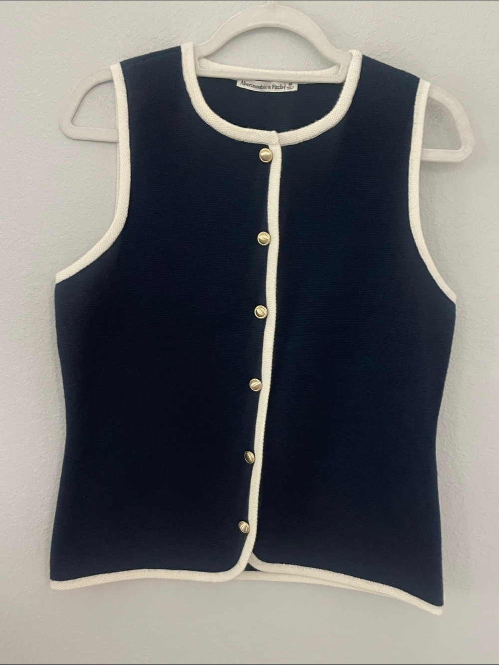 Abercrombie & Fitch Navy Blue White Trim Knit Sweater Vest Gold Button Size M